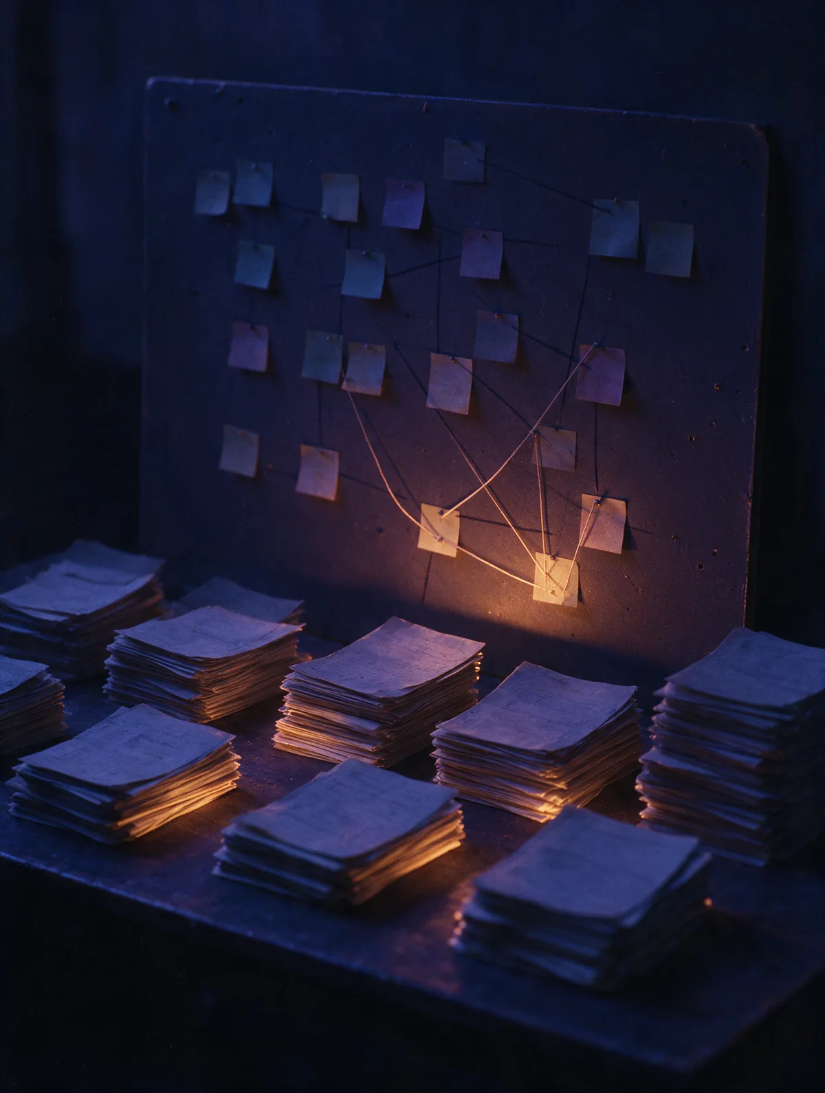 Stacks of paper sorted on a desk, sticky notes connected by string on a board behind.