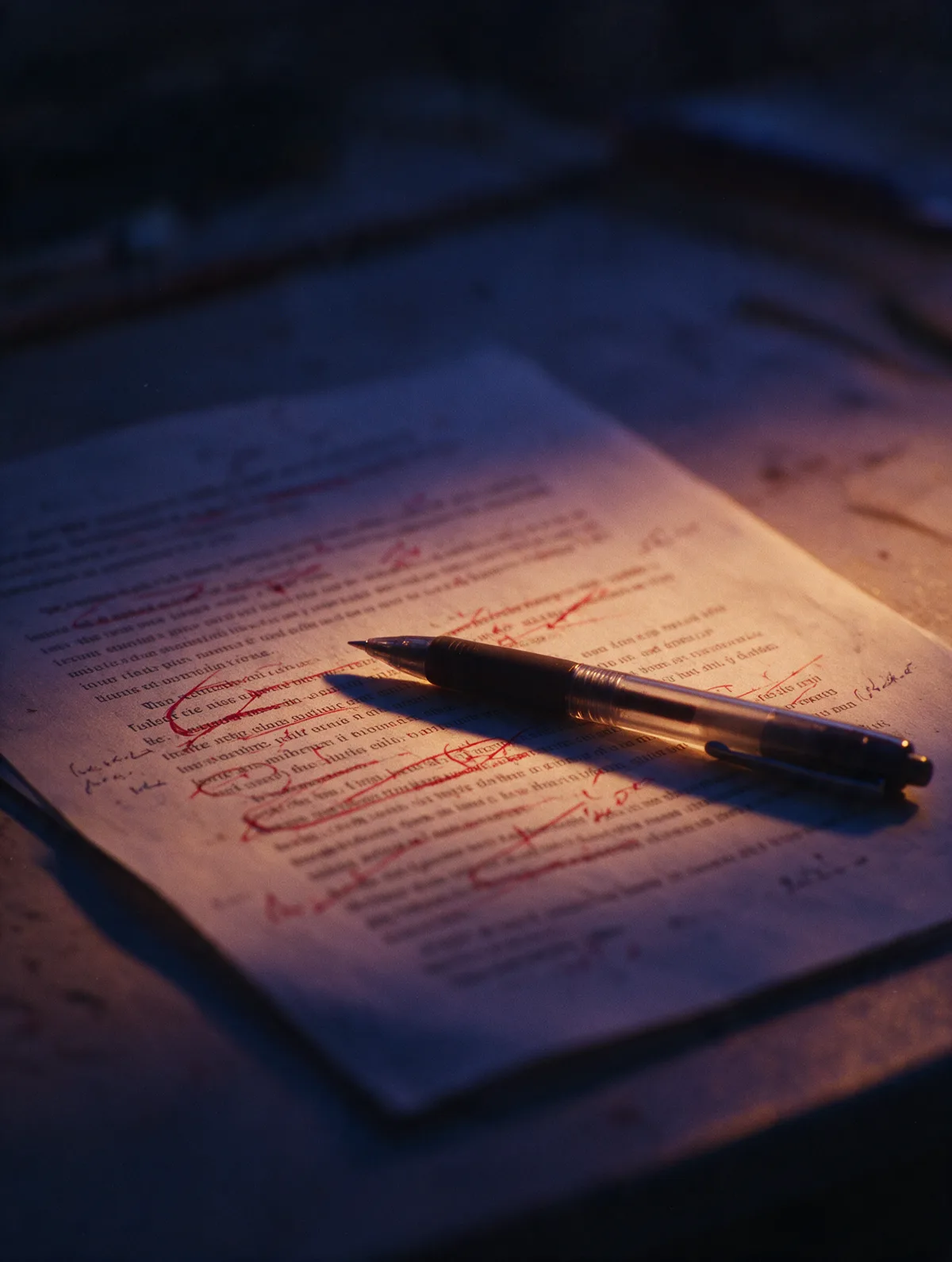 A printed page marked up with red-pen corrections and handwritten notes, a pen resting across it.